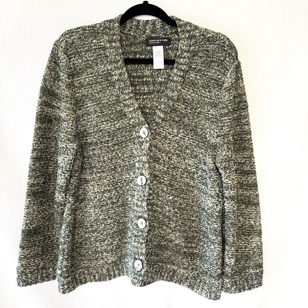 Jones New York Collection Green Knit Striped V-Neck Button Cardigan Sweater - L